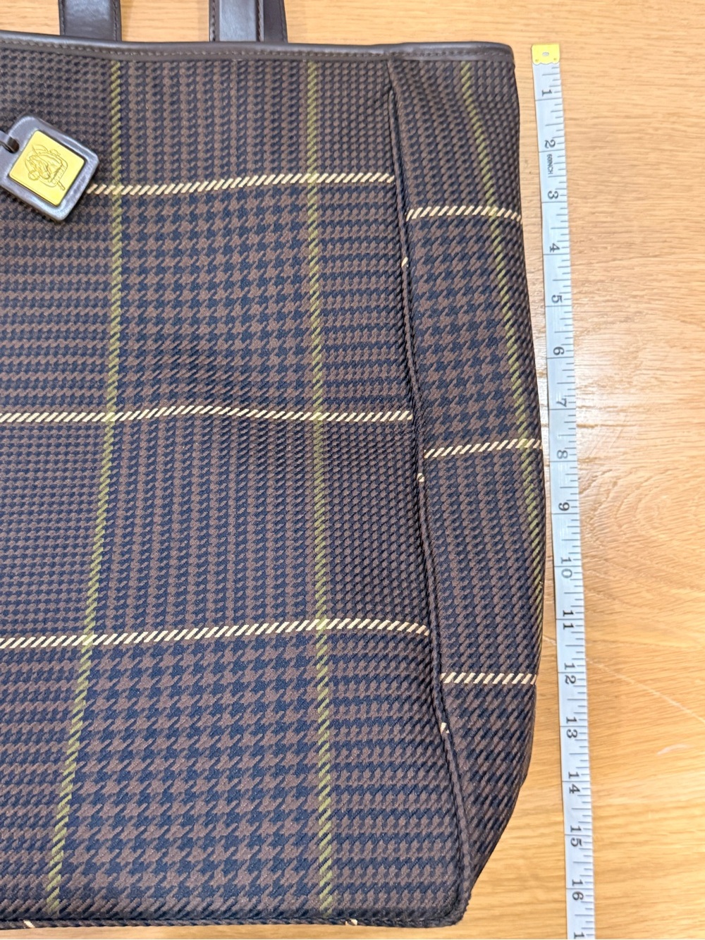 Lauren Ralph Lauren Plaid Tote Bag Brown, beige, Green Windowpane Shoulder Purse - Picture 3 of 16